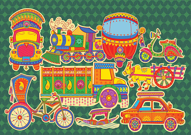 Transportation of India Vector design of transportation of India in Indian art style auto rickshaw taxi india stock illustrations