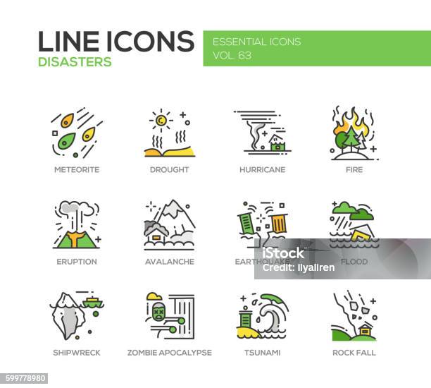 Disastri Set Di Icone Di Progettazione Delle Linee - Immagini vettoriali stock e altre immagini di Disastro naturale