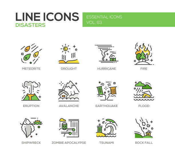 재해 - 라인 디자인 아이콘 세트 - disaster natural disaster earthquake fire stock illustrations