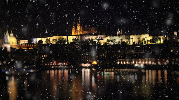 istock Christmas snow night lights in Prague, Europe 599779330
