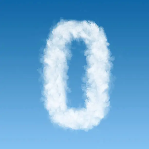 number zero made of white clouds on blue background, not render. Concept idea