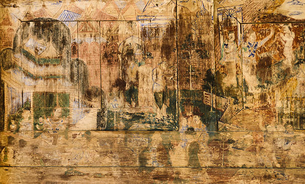 istock Ancient Thai mural painting on wooden temple wall 599781946