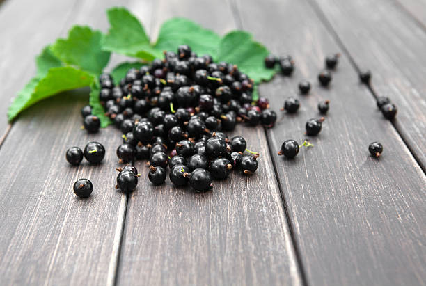istock Black currants heap closeup on rustic wood background 599782046
