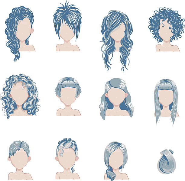 ilustraciones, imágenes clip art, dibujos animados e iconos de stock de conjunto de colores de cabello llamativos sprites de estilo femenino. - rizitos