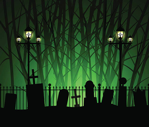 кладбище кладбище гробницы в лесу и уличной лампы - cemetery grave halloween non urban scene stock illustrations