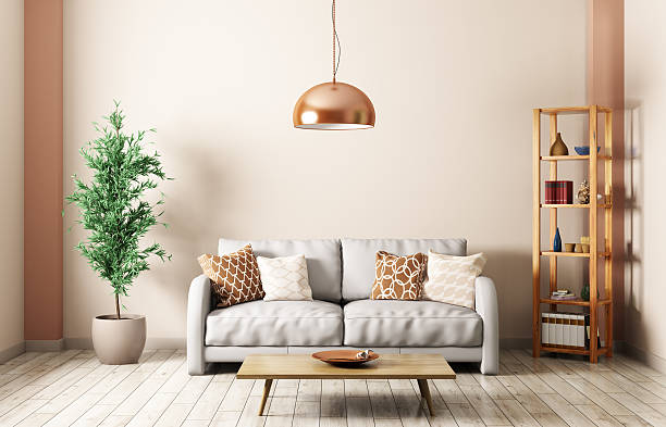 Modern living room with sofa interior 3d rendering Modern interior of living room with gray sofa, lamp,shelf,coffee table 3d rendering copper wall stock pictures, royalty-free photos & images