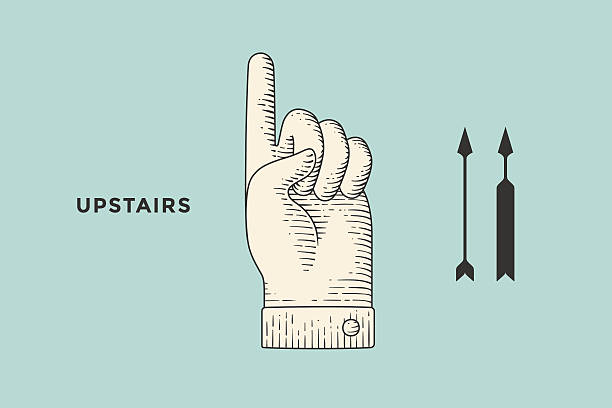 Drawing of hand sign with thumbs up in engraving style Vintage drawing of hand sign upstairs or hand pointing up in engraving retro style, isolated on color background. Old drawn hand sign upstairs for information sign and navigation. Vector Illustration pointer stick illustrations stock illustrations
