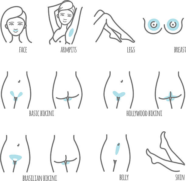 ilustrações de stock, clip art, desenhos animados e ícones de area hair removal icon set, marked epilation zones - waxing