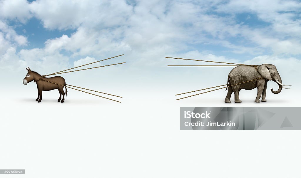 Donkey and Elephant Tug of War with Blank Area Digital and photo illustration of a donkey and elephant in a tug of war. A Blank area is ready for whatever image you want to add. Donkey Stock Photo