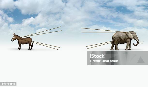 Donkey And Elephant Tug Of War With Blank Area Stock Photo - Download Image Now - Donkey, Elephant, Conflict