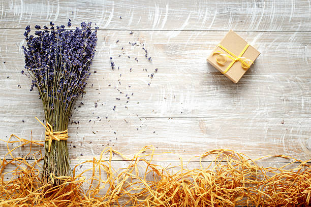 istock bouquet of lavender with gift box on wooden table 599788738