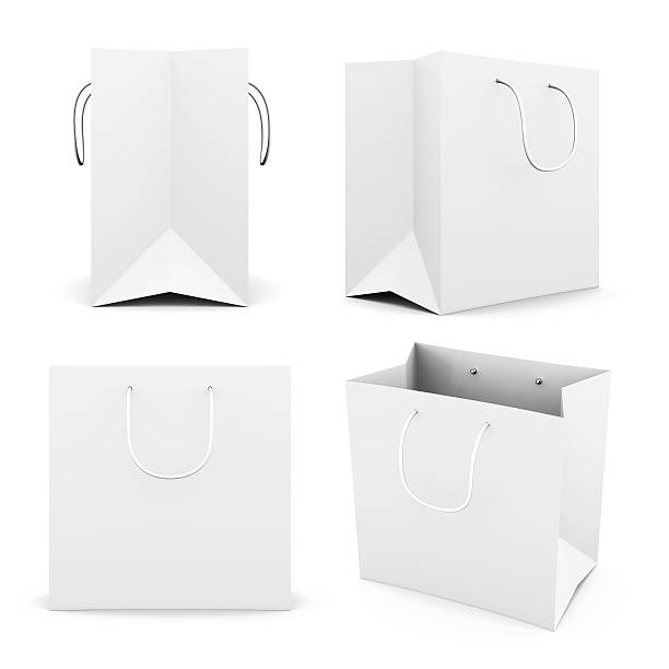 satz von weißen papiertasche isoliert auf weißem hintergrund. - blank paper bag packaging package stock-fotos und bilder