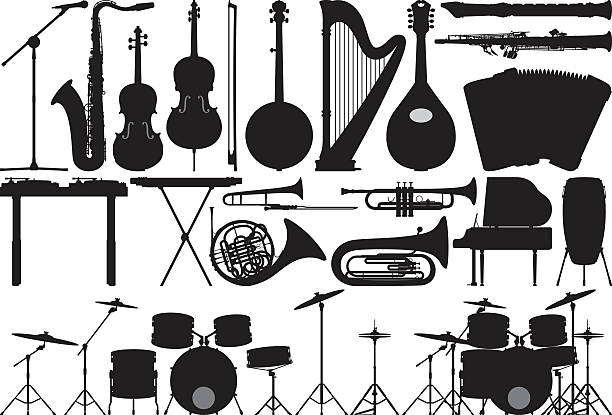 Detailed Musical Instruments Musical instruments. microphone silhouettes stock illustrations