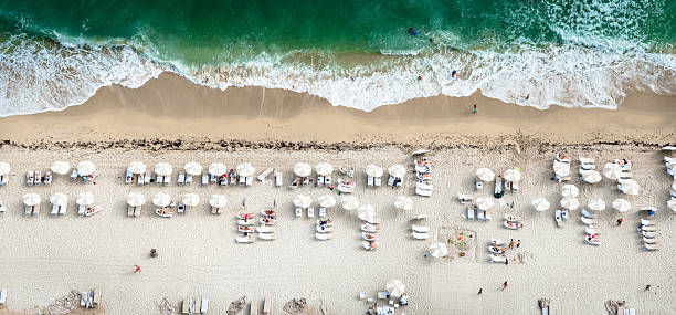 menschenmengen sonnenbaden am strand in miami - miami beach travel tourist resort vacations stock-fotos und bilder
