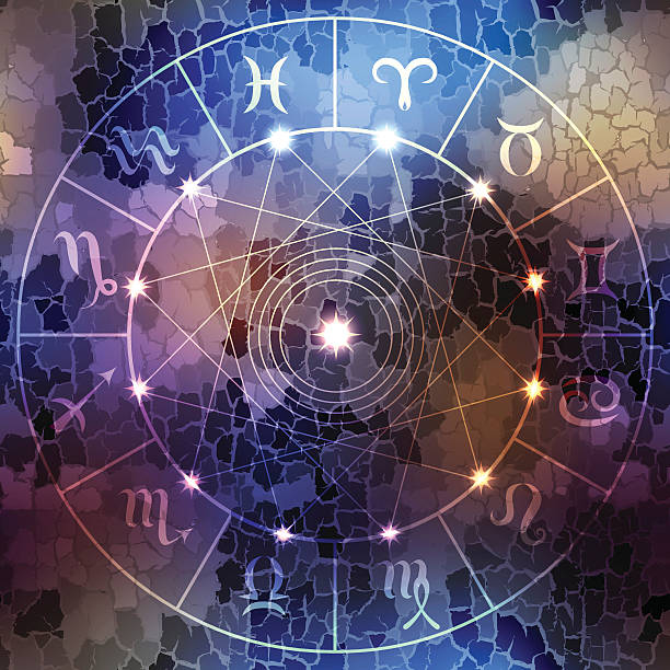 Circle with signs of zodiac Circle with signs of zodiac on dark blue blur background. astrology stock illustrations