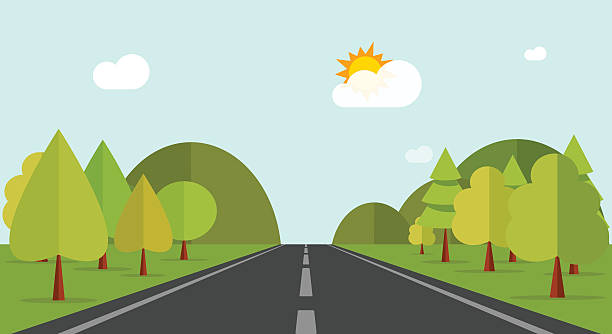 ilustrações de stock, clip art, desenhos animados e ícones de cartoon road across green forest hills, mountains, nature landscape, highway - drive