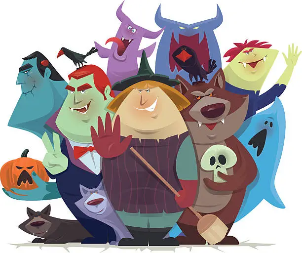 Vector illustration of monsters and devils cheering