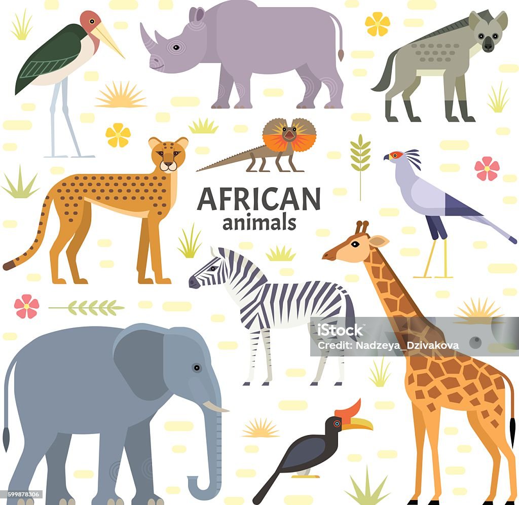 African animals Vector illustration of African animals and birds: elephant, rhino, giraffe, cheetah, zebra, hyena, secretarybird, marabou and frilled-neck lizard, isolated on transparent background. Animal stock vector
