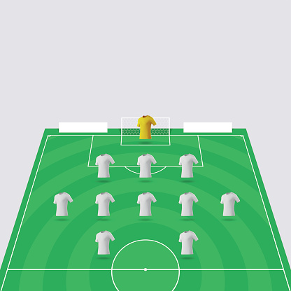 A 3D vector illustration showing half of a football pitch tilted at an angle. The illustration includes white pitch markings on a green field along with eleven blank shirts representing the players on the football team. This is a unique design element, easy to customise and ideal for your sporting design project. The colours of the background, shirts and the pitch itself can all be changed easily and the different elements are separated onto organised layers within the vector file. The eps file is fully scalable without any loss of quality.