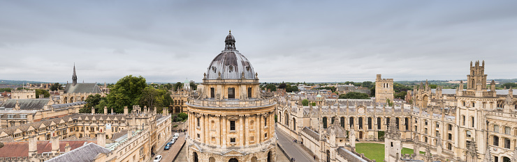 **Stitched panorama** Oxford University panorama UK from the medieval tower of the Church of St Mary the Virgin. The 'dreaming spires' include the Bodleian Library (central) dome, Christ Church College (right) and the University College of Oxford (left)