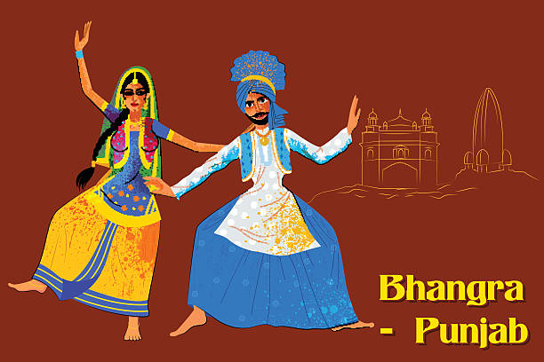 illustrazioni stock, clip art, cartoni animati e icone di tendenza di coppia che esegue la danza popolare bhangra del punjab, india - bhangra
