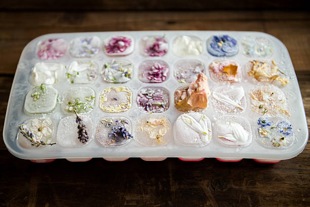 istock Tray with Frozen Flowers in Ice Cubes 599886588