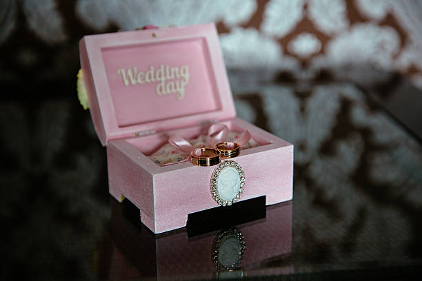 istock Two rings in a box with Wedding day inscription on 599889438
