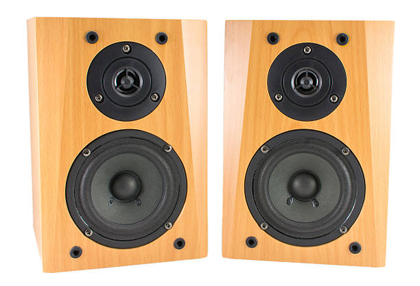 istock Wooden stereo speakers on white 599890982