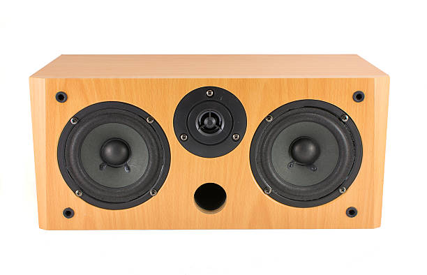 istock Wooden stereo speaker on white 599892204