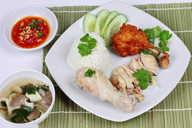 istock Streamed oily rice and streamed chicken and crisy chicken. 599892216