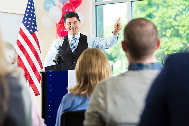 istock Hispanic candidate giving speech, running for local government office 599893770