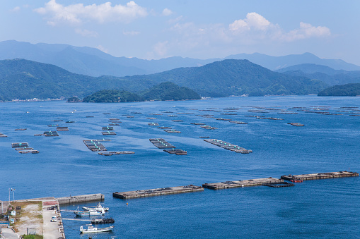 Farming rafts and fishing boats of Uwakai in Japan