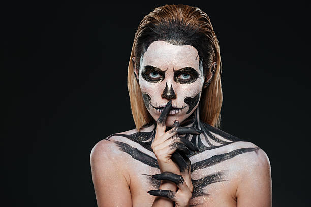 istock Woman with scared halloween makeup showing silence gesture 599896594