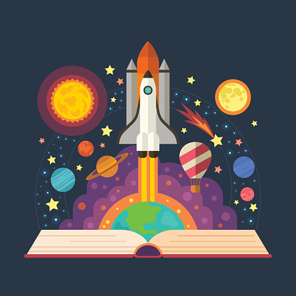 Vector illustration of open book with space elements - solar system, space shuttle, planets, stars, Earth, comet.  