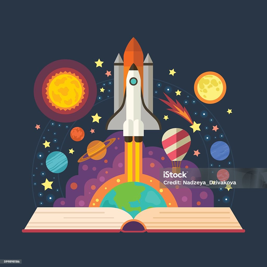 Imagination concept made in flat style vector. Vector illustration of open book with space elements - solar system, space shuttle, planets, stars, Earth, comet.   Book stock vector