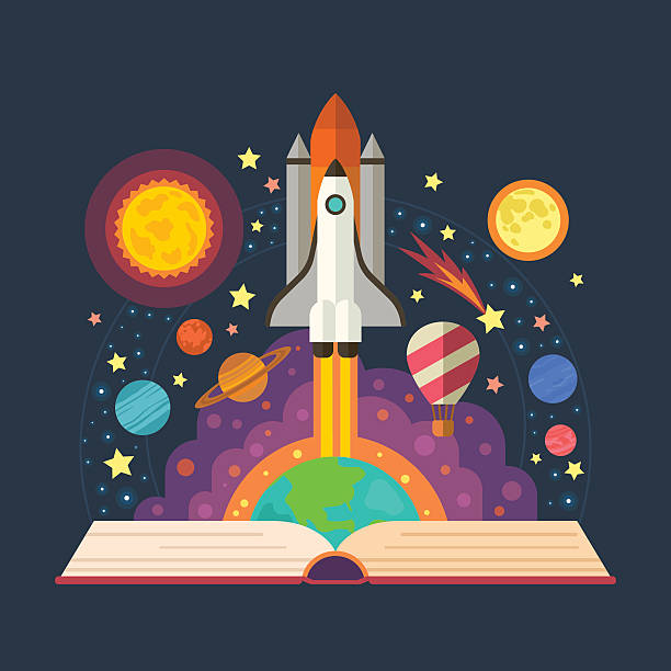 Imagination concept made in flat style vector. Vector illustration of open book with space elements - solar system, space shuttle, planets, stars, Earth, comet.   planetary moon illustrations stock illustrations