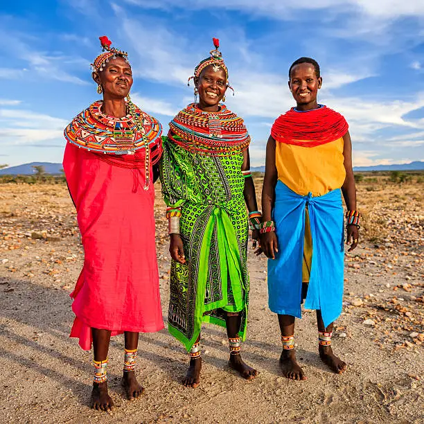 Group of African women from Samburu tribe, central Kenya, Africa. Samburu tribe is one of the biggest tribes of north-central Kenya, and they are related to the Maasai.