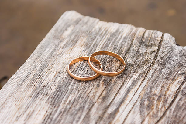 istock Wedding rings on board of pier 599900368