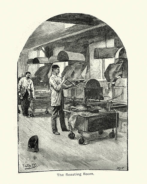 Cocoa Roasting Room at Fry's Chocolate factory, 1894 Vintage engraving of the Cocoa Roasting Room at Fry's Chocolate factory, 1894 old candy store stock illustrations