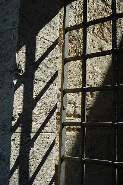 istock Old iron bars door and sunlight 599901628