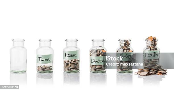 Glass Jars With Coins Savings Concept Stock Photo - Download Image Now - Jar, Savings, Budget