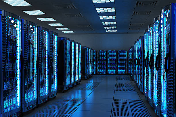 Network and internet communication technology concept, data center interior Server racks with telecommunication equipment in server room data center photos stock pictures, royalty-free photos & images