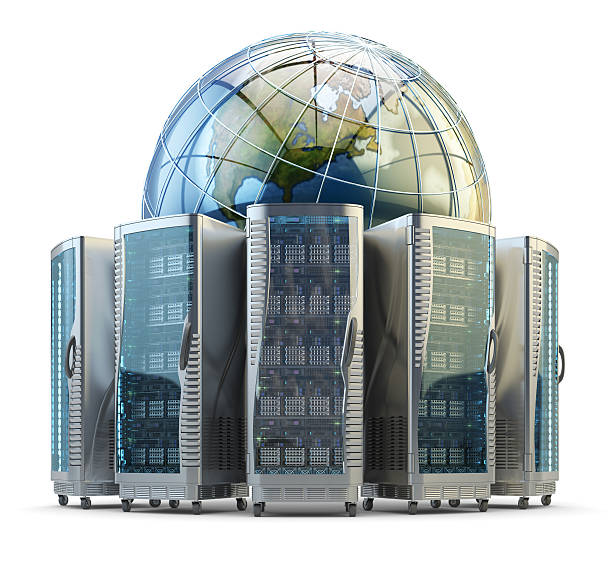 Internet and computer network technology, global data storage concept Server racks with telecommunication equipment around the Earth globe, isolated on white network server rack isolated three dimensional shape stock pictures, royalty-free photos & images