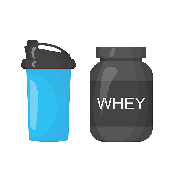 Protein and shaker icon isolated on the white background Protein and shaker icon isolated on the white background. Sports equipment illustration set for gym or fitness club flayers in flat design. protein powder bottle stock illustrations