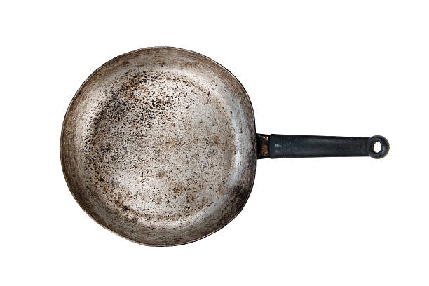 istock Dirty old frying pan isolated on white background 599910334