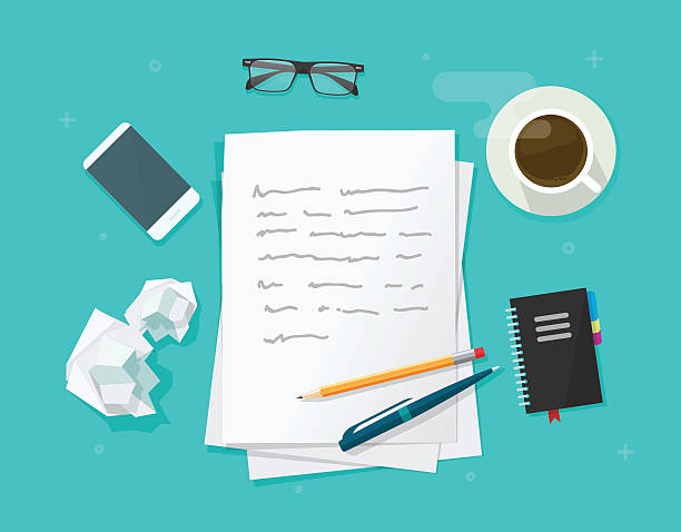 Writer workplace vector, flat cartoon paper sheets on working table Writer workplace vector illustration isolated on blue background, flat cartoon paper sheets on working table with text, pen and pencil, top view desktop with writing letter writing notes stock illustrations