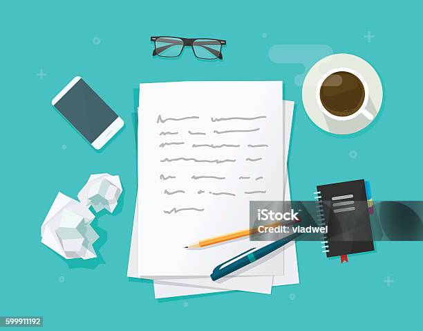Work Papper Cartoon Writer Workplace Vector Flat Cartoon Paper Sheets On Working Table ...