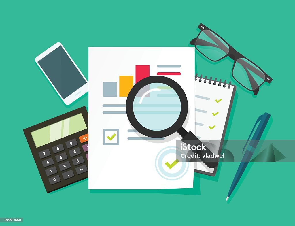 Auditor work desk, accounting business research, financial audit, tax report Auditor work desk, accounting paperwork, business research, financial audit, auditing tax process, report data analysis, analytics, financial research report, project desktop vector, color background Surveillance stock vector