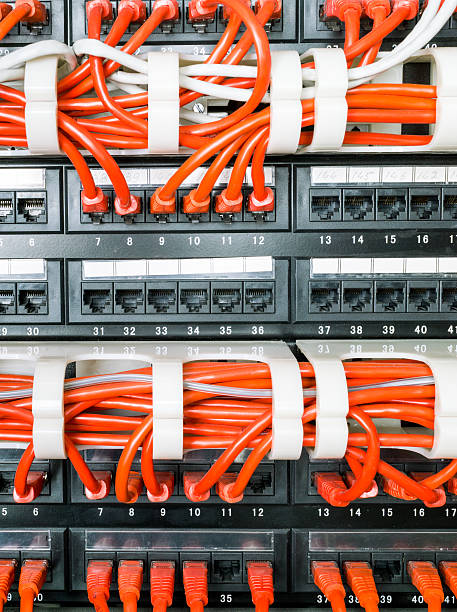 istock Close up of red network cables connected to switch 599921116