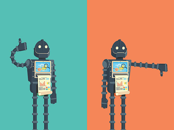 Likes and dislikes. Good bad. Likes and dislikes. Good and bad. Robot showing gesture of approval and disapproval rudeness stock illustrations